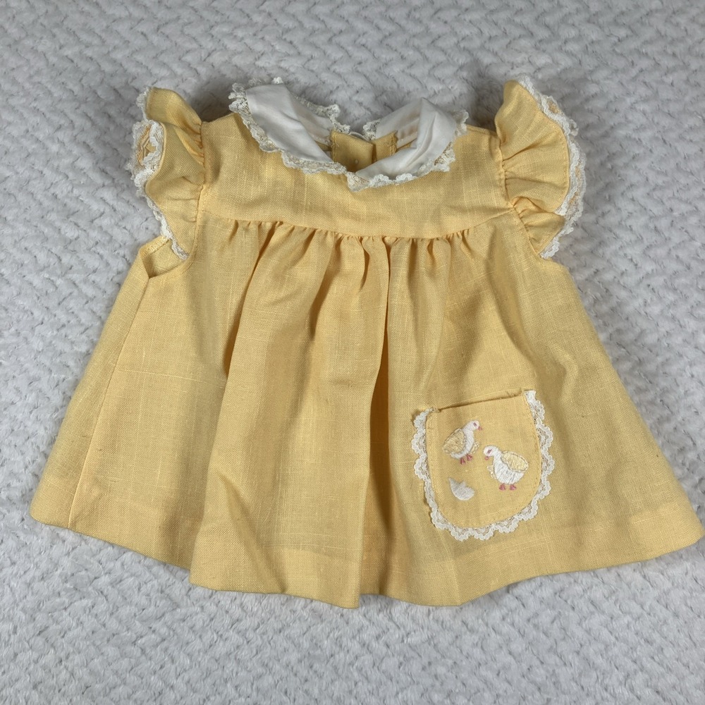 Goodlad Baby Dress Yellow Size 0-3M Vtg Lace Birds Embroidered Made in USA